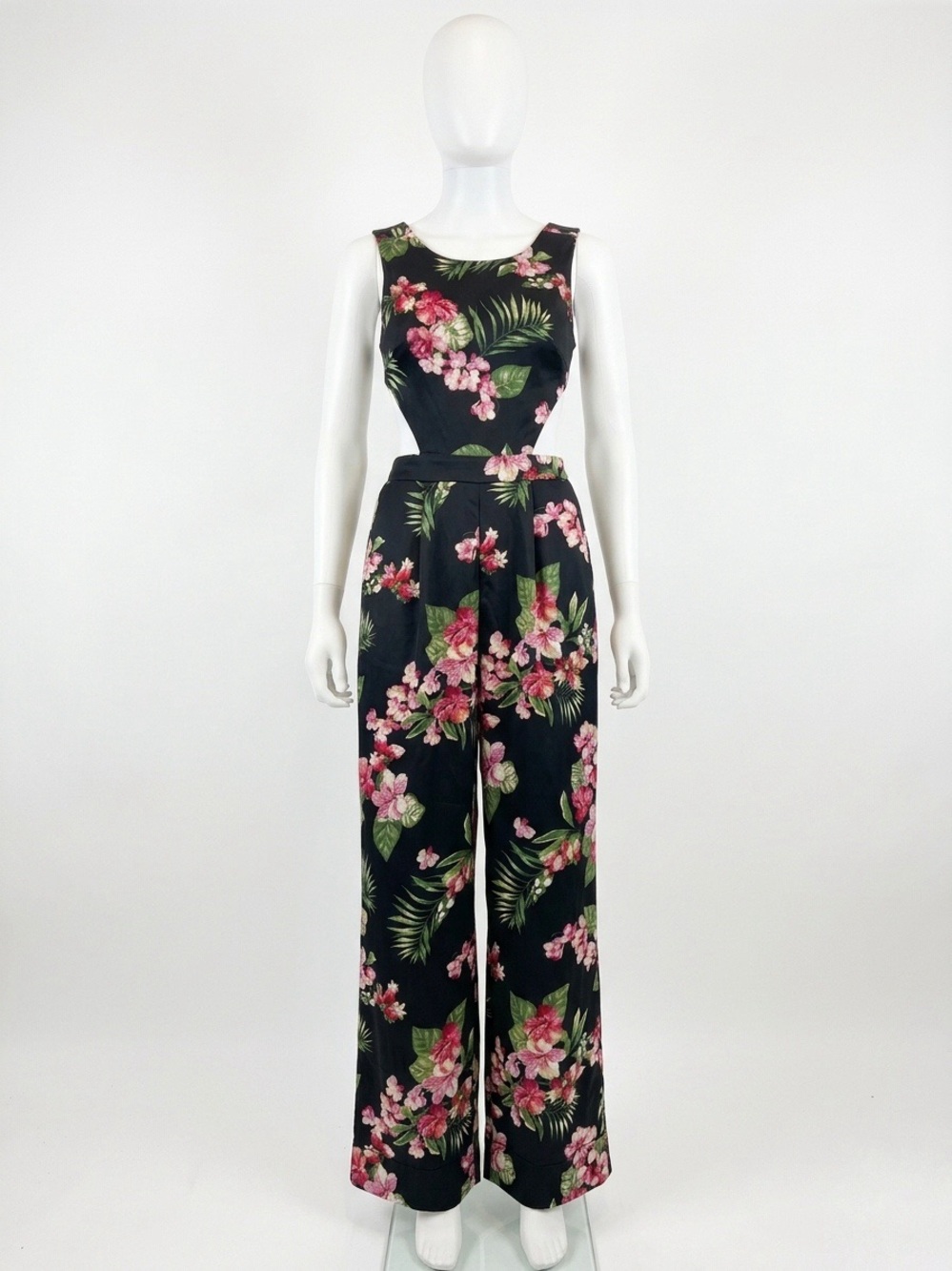 Floral Tropical Cut Out Open Back Jumpsuit in Black with Pink Bloom Size Small